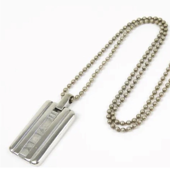 Authentic Tiffany & Co. 925 Sterling Silver Atlas Bar Plate Ball Chain Pendant - Picture 4 of 5